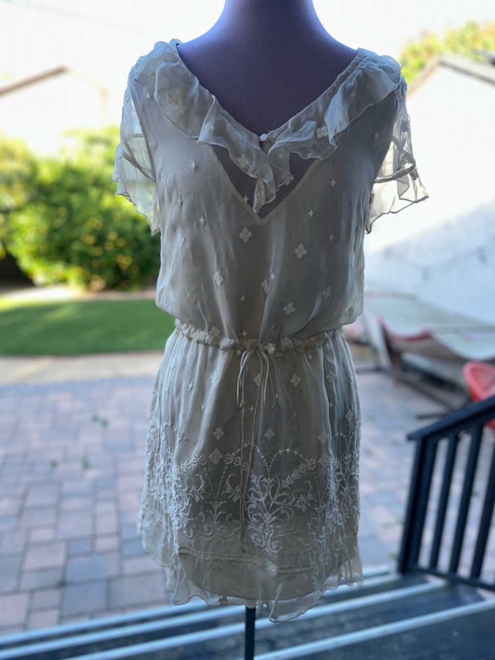 Sheer Ruffle V-Neck Mini Dress in Ivory - Picture 2 of 8